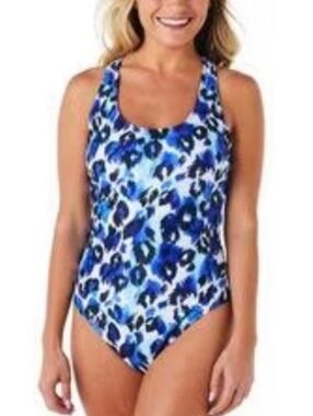 NWT Nicole Miller Blue & White Leopard Print Racerback One-Piece